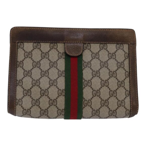 GUCCI GG Supreme Web Sherry Line Clutch Bag PVC Beige Red 84 01 001 Auth th5211 - Picture 1 of 16